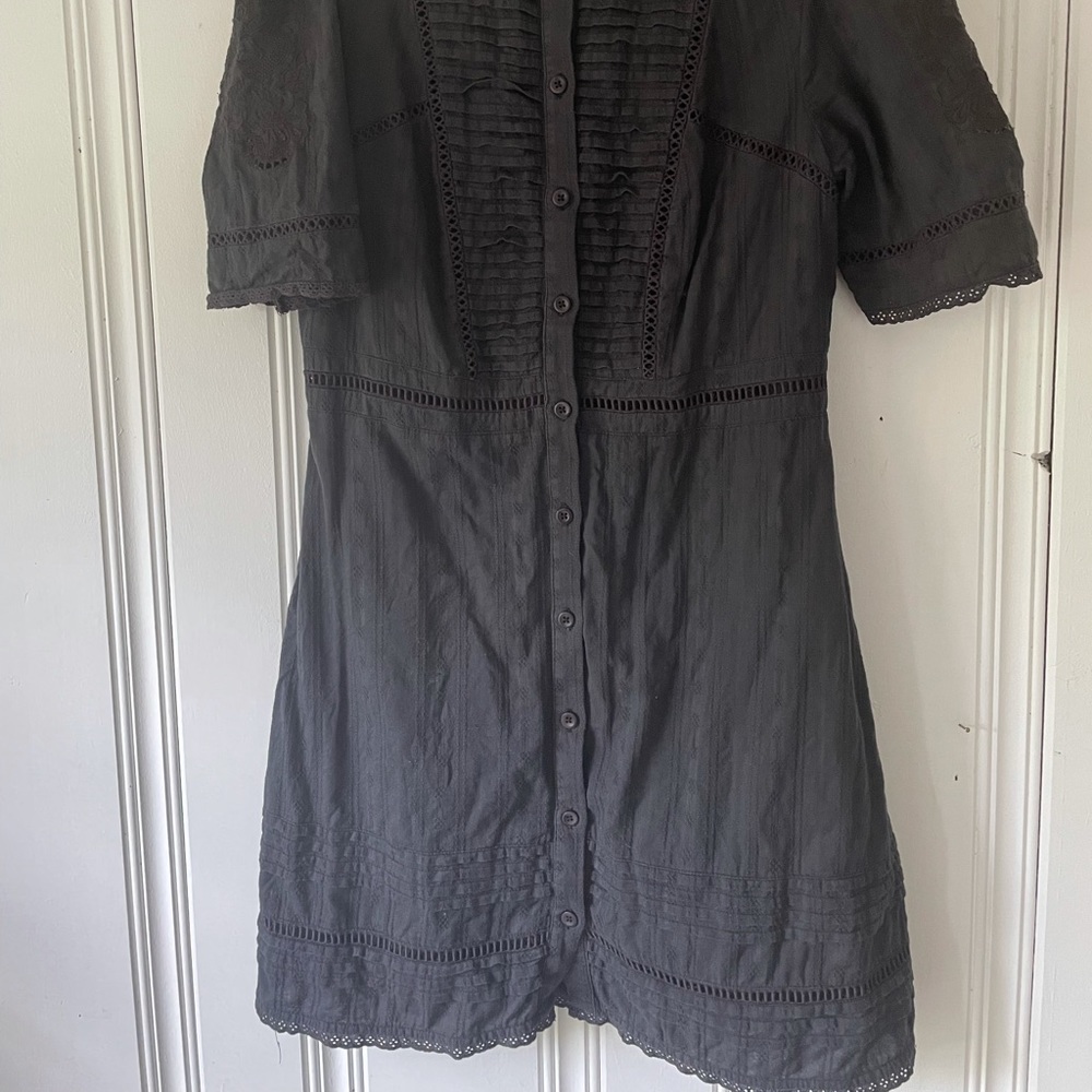 pintuck eyelet puff sleeve mini dress button up